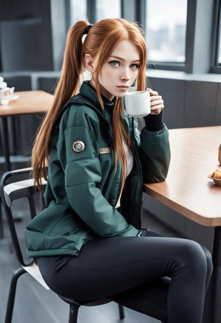 futuristic environment
center frame, sitting at a table, drinking tea
1girl, 21 years old, slender body, slender limbs, ginger hair, long hair, twin pony tails, messy pony tails, green eyes, light freckles, medium boobs
black pants, shirt, puffy jacket, tactical gear