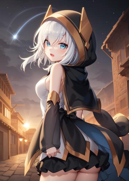 <lora:arsalmal768Ly:0.8>,arsalmal, hood, hood up, hooded cape, cape, skirt, black skirt, detached sleeves, white shirt,see-through, see-through sleeves, breasts, 
(Lightning Magic:1.1),
masterpiece, best quality, twincle eyes,
(street at night :1.1),(night, all night, the night owls, night sky:1.1) ,sun light,sparkling,from behind,(looking at viewer:1.1),