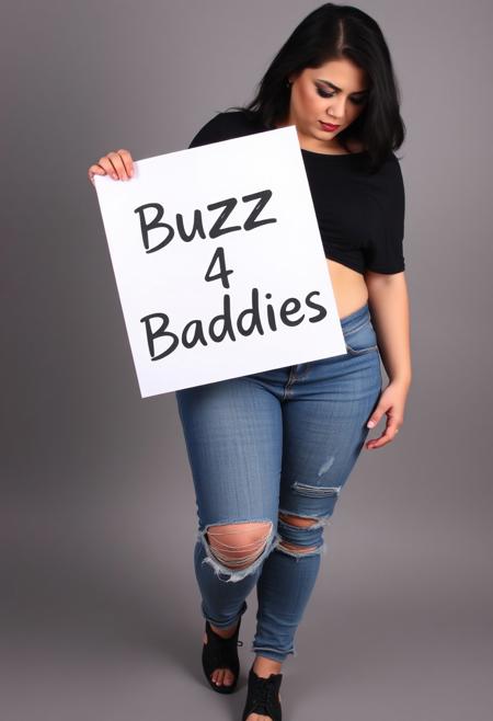 fully body image of thick curvy white girl, looking down at the ground in front of her
girl is 5'8" tall, pale skin, dark black hair, small boobs, curvy waist, wide hips, (thick thighs:1.4), huge butt
girl has on dark eye shadow, dark eye liner, long fake eyelashes, a skin tight plain black t-shirt that is a size too small with an exposed midriff, skin tight distressed blue jeans with rips in the thighs, and black shoes
girl is holding a 8.5x11 sheet of paper sideways with big lettering that says "Buzz 4 Baddies"