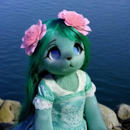 <lora:plush_SDXL:0.7>,realistic, green hair, :3, looking at viewer, no_nose, furry, flower, outdoors, sea, lace-trimmed blue dress, clothed_animal, pink pawpads, furrification, jitome, half closed eyes