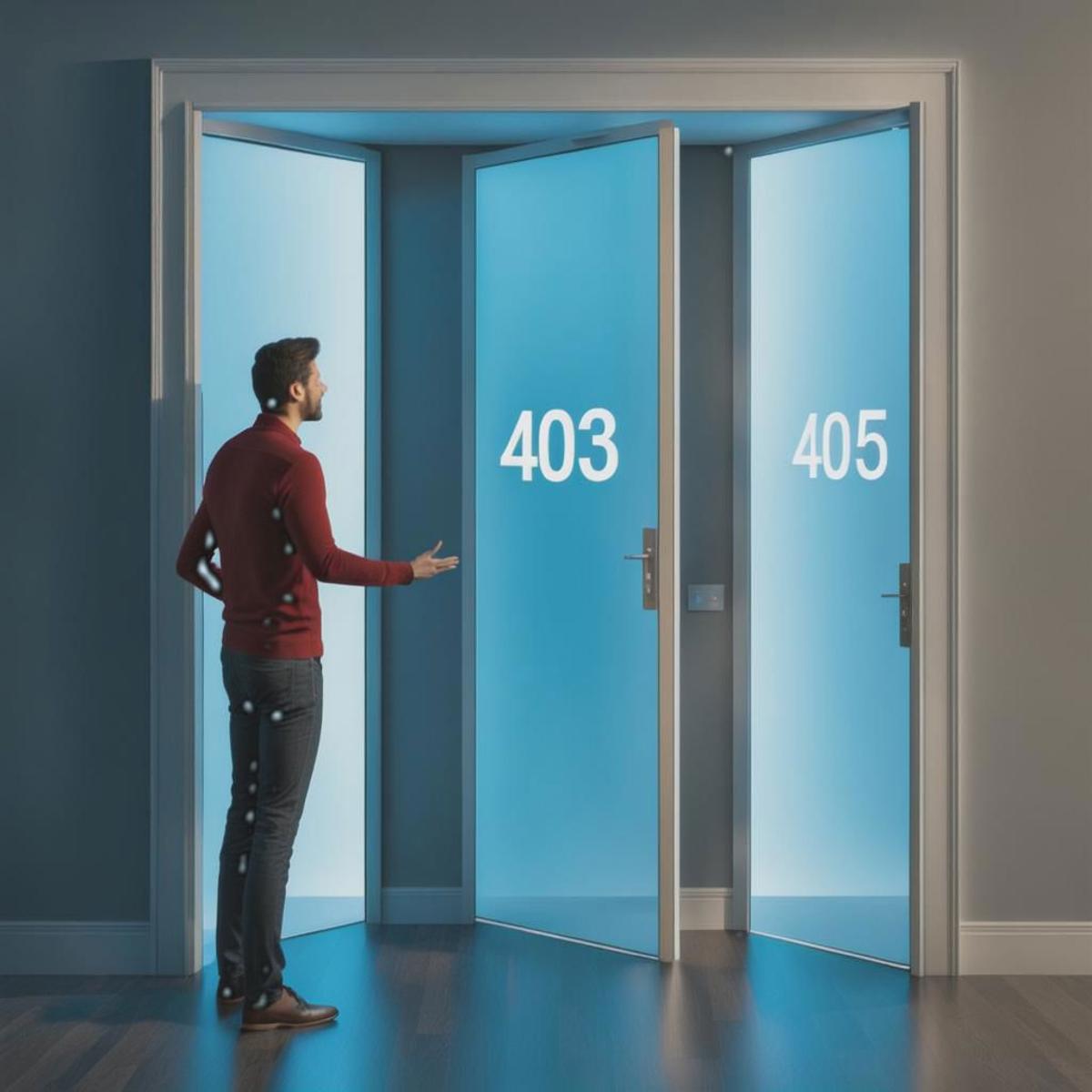 A man standing between two blue doors, with the numbers 403 and 405 on them.