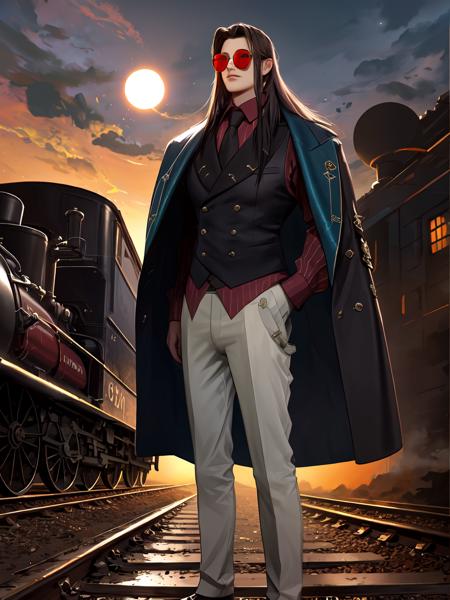 highres,masterpiece,best quality,1boy,<lora:ShadowverseIceschillendrigV3:0.75>,vest,formal,jacket,tie,standing by railway,steam railway,moon,blackhole,wearing red sun glasses