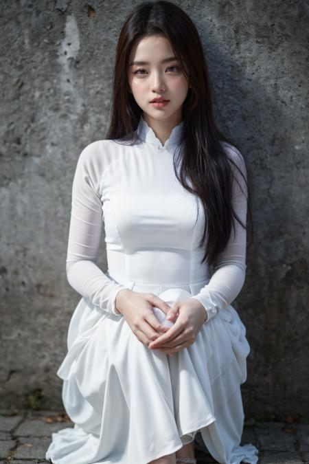 1girl, aodai white, photo art, (flower), <lora:aodai_SDLife_Chiasedamme_v3.0:0.62>, a stunning photo with beautiful saturation, ultra high res,(realistic:1.4)),deep shadow,(best quality, masterpiece), pale skin, dimly lit, shade, flustered, blush, highly detailed, skinny, BREAK depth of field, film grain, wrinkled skin, looking at viewer, knee, warm smile, (upper body), masterpiece,ultra realistic,32k,extremely detailed CG unity 8k wallpaper, best quality, (full body:1.4)