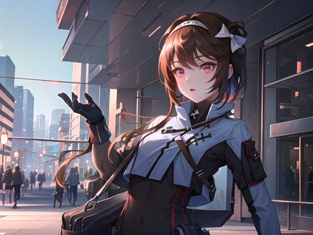 ((masterpiece,best quality)),1girl, solo,solo focus,upper body, ultra-detailed ,( beautiful woman ),(idol), extremely detailed CG unity 8k wallpaper,red eyes, brown hair , black thighhighs,outdoors,blue sky,cityscape, street, building,