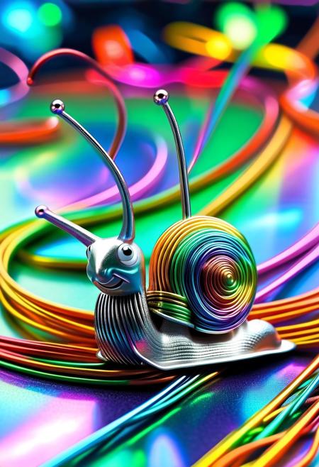 confused snail made of mint l1qu1dp34rl stuck in a loop-de-loop track made of metal spaghetti, shiny absurdity, rainbow trail behind it