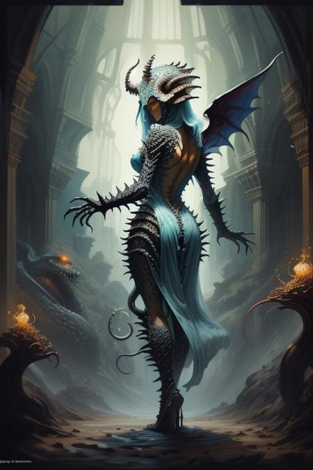 score_9, score_8_up, 8, score_7_up, solo,  
fantasy style, masterpiece, 8k, dynamic pose, <lora:Fantasy_Classes_SD:1>,
(Dungeons and Dragons) Thorough, analog style, eye focus, highest quality, (highly detailed skin), full body, photo of a exquisitely beautiful,
BREAK
a huge monster god, kraken , 4 eyes, small eyes, light blue skin, glowing blue eyes, kaijuu, squid-like head, long spikey tail, spine, 2 arms , 2 legs , 2 wings, large spikes on back, horns, tentacle mouth , side-ways mouth , tentacle wings coming from back with sparks, 
sharp focus, dappled lighting, (backlighting:0.7), film grain, photographed on a Sony A7R IV, 18mm F/1.7 cine lens, (highly detailed, intricately detailed), 8k, HDR, seductively posing
BREAK
(EyesHD:1.2), (4k,8k,Ultra HD), masterpiece, best quality, ultra-detailed, very aesthetic, sharp focus, depth of field, ray tracing, best lighting, detailed illustration, detailed background, cinematic, 
BREAK 
detailed background, dynamic action image,
BREAK
oil painting, BadDream, negative_hand, NEG_EMBED_STABLE_YOGI_V3, FastNegativeV2, AissistV2
(detailed:1.3), (sharp focus:1.1), medieval style, (expressive face:1.2),,