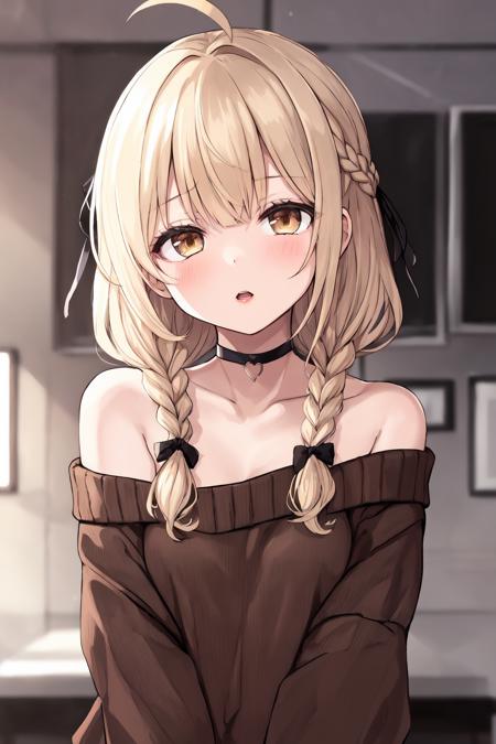 1girl,solo,sweater,long hair,looking at viewer,brown eyes,blush,braid,off shoulder,ahoge,bangs,off-shoulder sweater,brown sweater,blonde hair,hair ribbon,choker,ribbon,indoors,blurry background,long sleeves,open mouth,blurry,parted lips,upper body,bare shoulders,black choker,