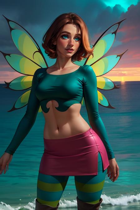 Irma, brown hair,solo,blue eyes,short hair,green eyes, standing, upper body,   near sea,  happy, 
Lair, striped pantyhose, teal crop top, boots ,fairy wings,pink miniskirt, callorbone, long sleeves, 
water powers, 
(insanely detailed, beautiful detailed face, masterpiece, best quality) cinematic lighting,
 <lora:IrmaLair:0.7>