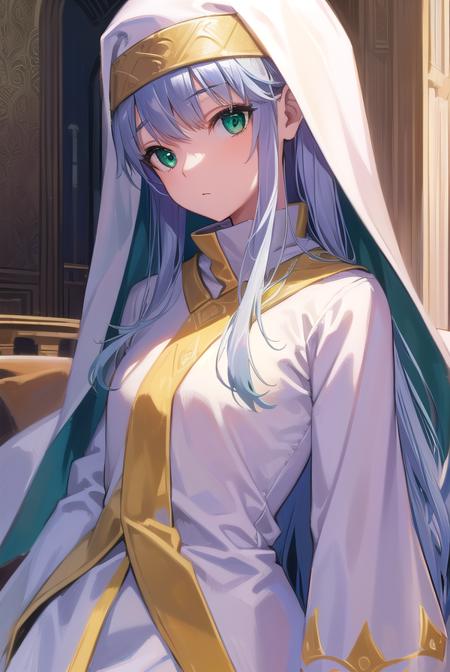 index, (green eyes:1.5), blue hair, long hair, habit, long sleeves, nun, robe, white robe, wide sleeves,