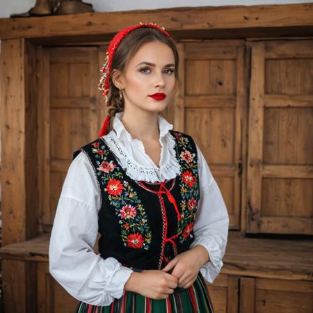 Polish Góral Woman in traditional clothing, Polish highlander woman in traditional clothing, 
white shirt with a neckline, traditional Polish dress, black floral vest, 
Poland, wooden traditional highlander room, detailed. 
Polish, Poland, Polska, Kraków, Krakau, Zakopane, south Poland.
<lora:add-detail-xl:1.7>, realistic, ultra realistic, cinematic lighting, photo realistic, detailed. 
Góralka in traditional clothing, elegant, busty woman, 
large breasts, cleavage, red lipstick. 
ethnic group of the Western Carpathians, Podhale highlanders, mountain range in Europe.