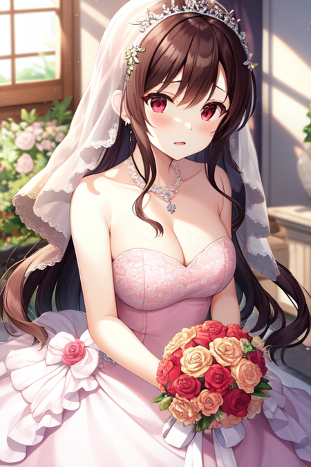 bridal, bridal veil, long hair, rose, necklace, hair flower, bouquet, open mouth, red eyes, cleavage, brown hair 