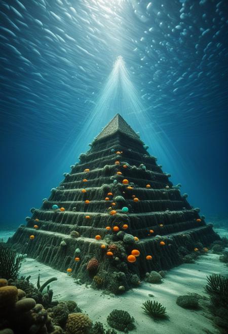 a photo, realistic, photography, masterpiece, colorful, bright and whimsical, imaginative, epic image of (((clouds))) in a waterworld. There is a pyramid at the bottom of the sea. The underwater atmosphere is saturated with wibrants color and shiny bubbles of gaz, Natural lighting, Aggressive plant and animal life forms., Natural light, Plant life forms.The background is blurred by Hasselblad depth of field, 100 mm, macrolens, high detail,