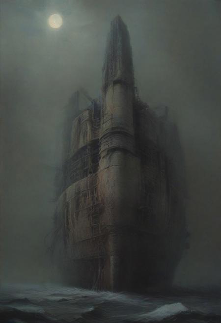 Bow of the ship, Looking up, dynamic angle, low angle, Wistful, Best quality, masterpiece, digital artwork by Beksinski, Stylish composition, gloomy lighting, moonlit night, calm (((glassy))) sea reflective surreal, Atmospheric perspective, An imposing (((Warship))) looms over the shot, colossal, immense, gigantic, monumental, formidable, massive, titanic scale, mechanophobia, megalophobia, desolation,