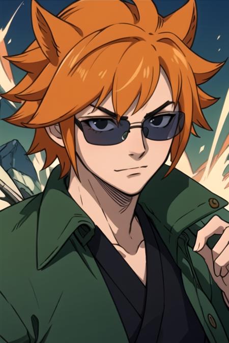 masterpiece, best quality, movie still, 1boy, solo, male focus, looking at viewer, upper body, , anime coloring, , <lora:loki_fairy_tail:0.66>, loki_fairy_tail, orange hair, black eyes, sunglasses, , japanese costume, ,