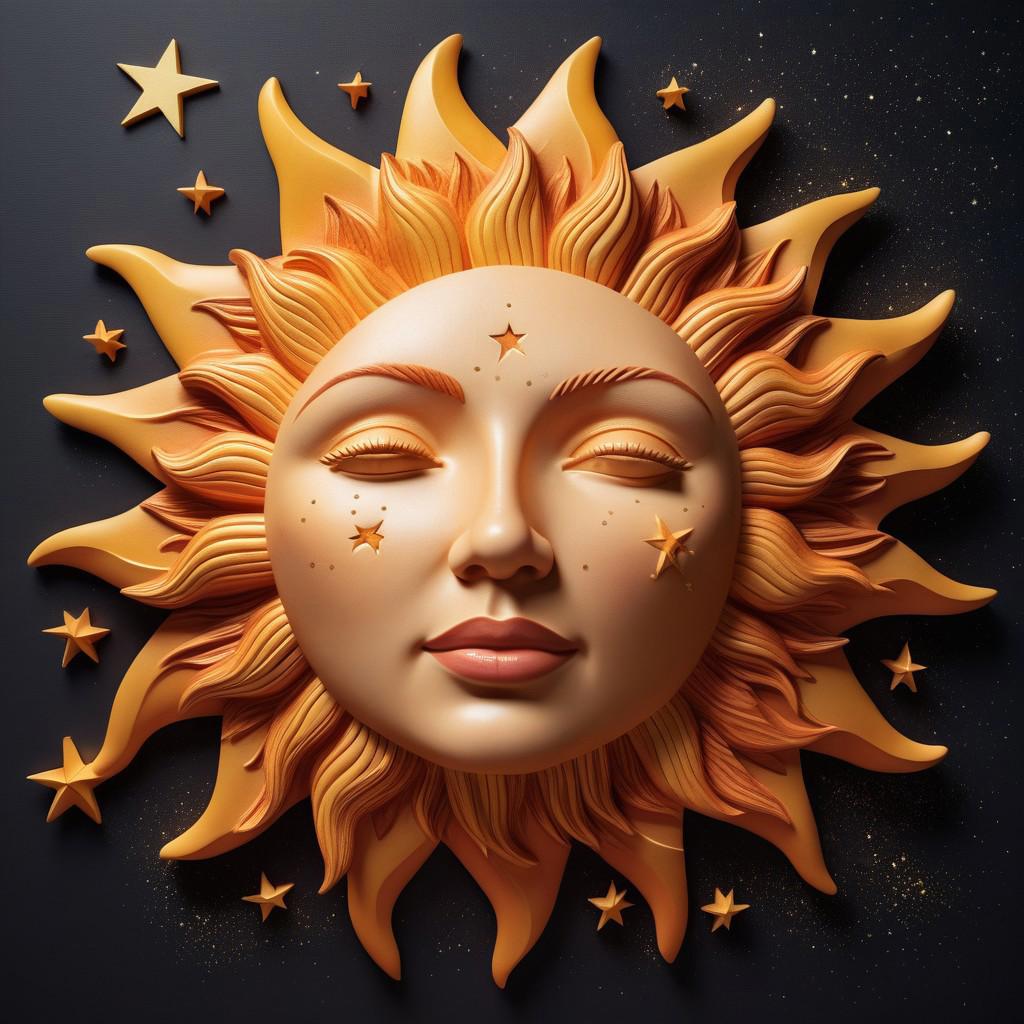 3d Sun with woman's face sculpted on it, caricature,  small stars in background, unrealistic