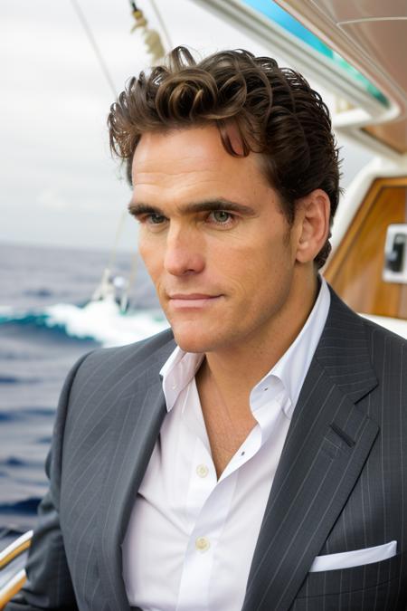 raw photo of a handsome man, in a stunning suit, on a yacht on the ocean, extreme close up, 8k uhd