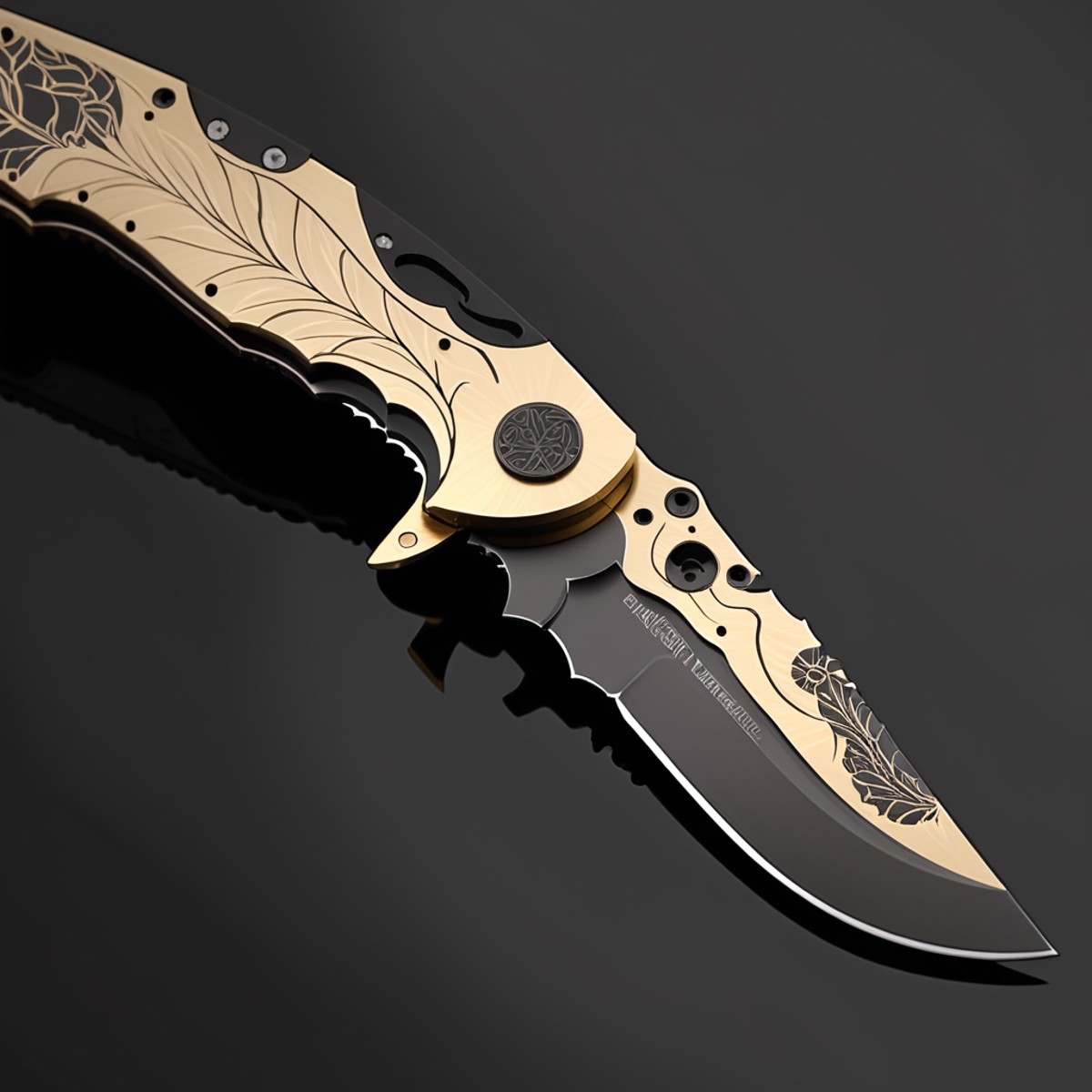 concept art folding knife tactical knife engraved blade, intricate details, Kintsugi South-American knife design, extremel...