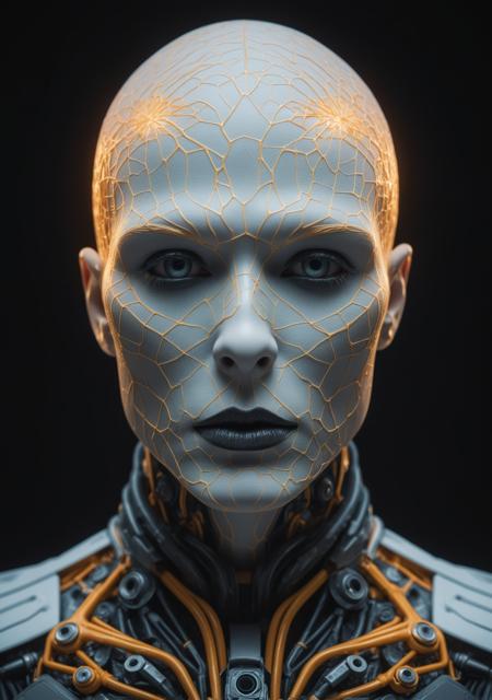 A hyper-realistic, unsettling close-up portrait fusing two enigmatic figures into a single, otherworldly being. The spectral, all-knowing cyborg emerges with a smooth, glowing surface of advanced technology, its face featureless yet alive with intricate digital patterns. Electric blue lines pulse across its surface, shifting and morphing like a living neural network, suggesting an existence within a vast interconnected web. Hollow eyes radiate an eerie, ethereal quality, as if seeing beyond the physical realm, and glowing circuits blend seamlessly into its surroundings, a deep gradient from white to pale blue filled with subtle digital glitches hinting at higher intelligence. From the shadows of this cybernetic form, the rugged presence of a slightly muscular man emerges as a faint duality. His unkempt hair falls like strands of static across the glowing face, revealing one piercing eye that gleams with intensity. A sly, mischievous grin hints at a dangerous charisma, contrasting with the pastel-colored T-shirt and oversized vintage black headphones resting heavily against the figure’s sleek, technological frame. The pale monitor glow casts an eerie light over both organic and digital textures, blending the rugged and the spectral into a single captivating, otherworldly presence. The result is an unnerving harmony of man and machine, a haunting observer that feels alive yet unreachably distant.<lora:lora\TCLX_Standard_2024.12.28_diff_Juggernaut.safetensors:0.5:0.5>