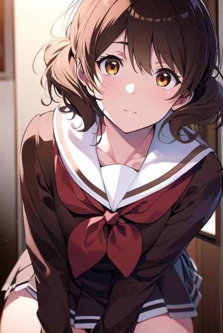 kumikooumae, <lyco:kumikooumae-LYCORIStest:1>,
kumiko oumae, (brown eyes:1.5), brown hair, short hair, wavy hair, (flat chest:1.2),
BREAK brown shirt, brown skirt, kitauji high school uniform, long sleeves, neckerchief, pleated skirt, red neckerchief, sailor collar, school uniform, serafuku, shirt, skirt, uniform, white sailor collar,
BREAK looking at viewer,
BREAK indoors, classroom,
BREAK <lora:GoodHands-vanilla:1>, (masterpiece:1.2), best quality, high resolution, unity 8k wallpaper, (illustration:0.8), (beautiful detailed eyes:1.6), extremely detailed face, perfect lighting, extremely detailed CG, (perfect hands, perfect anatomy),