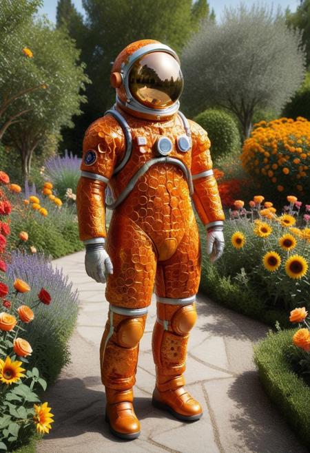 A seasoned astronaut made of orange peel in a sleek, reflective space suit made of orange peel , complete with a bulky helmet that gleams under the sunlight, stands amidst a vibrant garden filled with blooming flowers of all colors—crimson roses, golden sunflowers, and lavender violets. The lush greenery surrounding the astronaut creates a stark contrast to their metallic attire. . The scene evokes a whimsical high tech, blending the extraordinary imagery of space exploration with the tranquility of nature. The artistic style is hyper-surealistic, capturing every minute detail of the astronaut's suit and the intricate textures of the flowers and foliage.