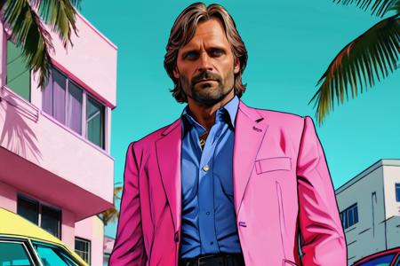 viggo mortensen as a character in GTAV, vice city, neon, pastel, miami vice, flat colors, dutch angle, tilted angle, rockstar games, gta vice city, grand theft auto style, exaggerated, pop art style, vibrant colors, full body view
  <lora:add-detail-xl:1> <lora:aesthetic:1>  <lora:detailed_notrigger:1> <lora:Line Art Style SDXL_LoRA_20r_20e_8i_nr32_a16_Pony Diffusion V6 XL:1>