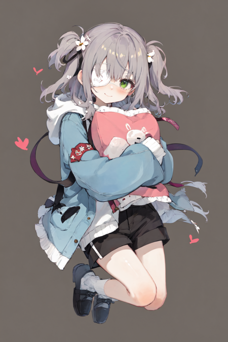 best quality, masterpiece, extremely detailed, detailed background, 1girl, sleeves past wrists, solo, green eyes, shorts, hair flower, flower, eyepatch, grey hair, hood, black footwear, white background, hair ornament, sleeves past fingers, smile, black shorts, hood down, jacket, white flower, simple background, shoes, heart, looking at viewer, socks, virtual youtuber, ribbon, two side up, long sleeves, object hug, closed mouth, hair ribbon, pillow, white socks, bangs, full body, stuffed toy, open clothes, black ribbon, hooded jacket, shirt <lora:bacheally128dim-epoch-000006:1>