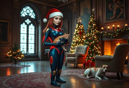 facing camera, beautiful woman's head with waist length red hair, wearing a Christmas hat, on a navy blue cyborg body with gold trim, face and eyes and neck are normal, hands properly formed with only 4 fingers and a thumb, her body has small breasts, both feet on the floor, red and green neon lights outline her legs and arms and encircling her midriff, bright studio lights are lighting her face, she's standing next to a Christmas tree, she's holding a cat in her arms, in a large well lit room in a castle, to the side of a large fireplace with a fire going, on the floor a few feet from the fireplace is an oval hand woven rug, on the rug one dog is resting to the side of the chair away from the woman's feet