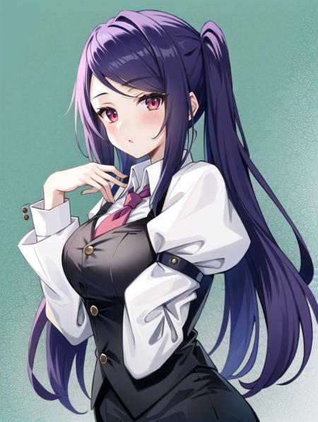 1girl, solo, bangs, blush, hand on own chest, jill stingray, long sleeves, looking at viewer, purple hair, medium breasts, necktie, shirt, solo, upper body, vest,  <lora:Jill_Stingray-02:1>, bartender, vest, white shirt,