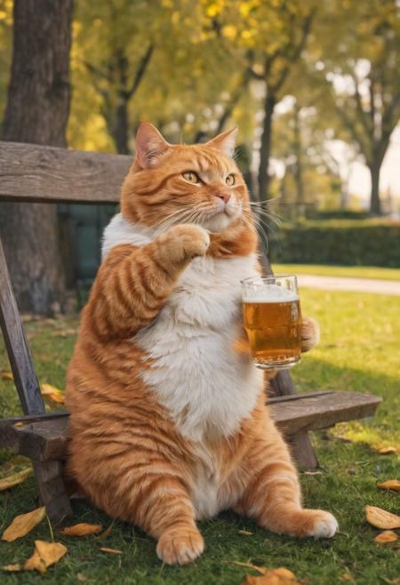 Fat ginger cat drinking beer in park, dynamic angle, warm hues, realistic, photorealism, hd, 8k, high definition, BREAK, score_9, score_8_up, score_7_up, score_6_up
