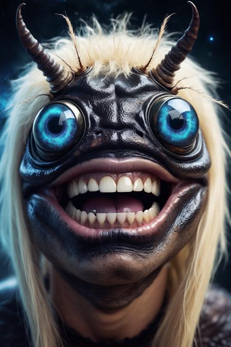 portrait of a beetle monster, human smile, human teeth,galaxy eyes, lips, blonde fur on head