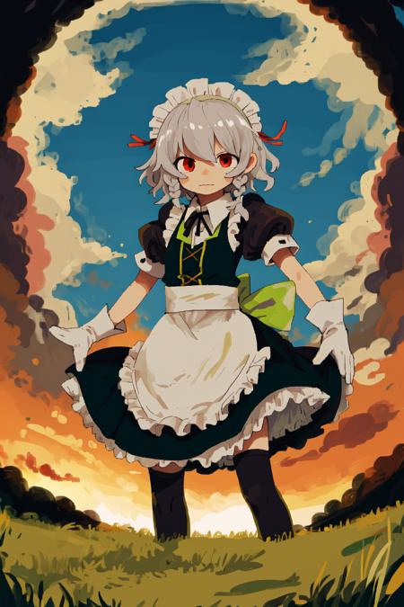 izayoi sakuya, green bow, maid headdress, thighhighs, ribbon, hair bow, waist apron, twin braids, red eyes, puffy sleeves, maid, blue dress, white hair, frills, gloves, short hair, puffy short sleeves, grey hair, bangs muay thai, fighting stance
countryside, fields, barn, evening, hazy, rural, charming, (darkness:1.3), night, spooky, horror \(theme\)