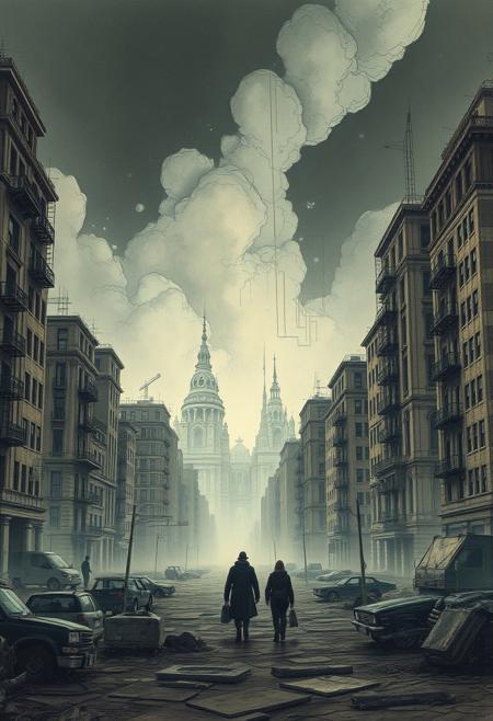 A dreamlike,abandoned city where the buildings seem sketched onto the sky, while solitary travelers walk below, blending seamlessly into the earth as if part of the landscape.
surreal nightmarish realism, intricate ink cross-hatching with hyper-detailed painting, cinematic dramatic lighting, eerie ghostly landscapes, psychologically intense figures, twisted dreamlike horror, deep chiaroscuro shadows, dark atmospheric storytelling