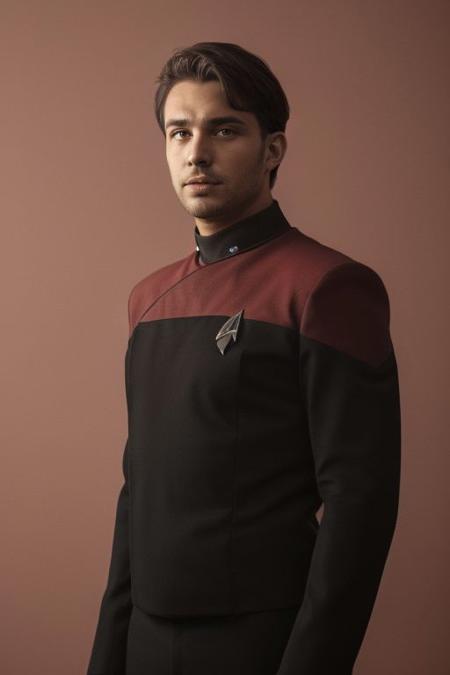 1man, dark brown hair, Goatee, wearing (pcdst black and red uniform,black long sleeves, red shoulders:1.2),<lora:STPicardUniforms:0.8>,designed by Brandon Woelfel, Klaus Wittmann and by Bastien Lecouffe-Deharme, Lagrange point, at Golden hour