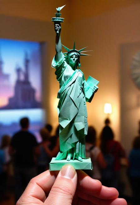 a picture of an origami of the statue of liberty made from a single sheet of paper, the piece is displayed in a museum with many viewers in the background, bokeh