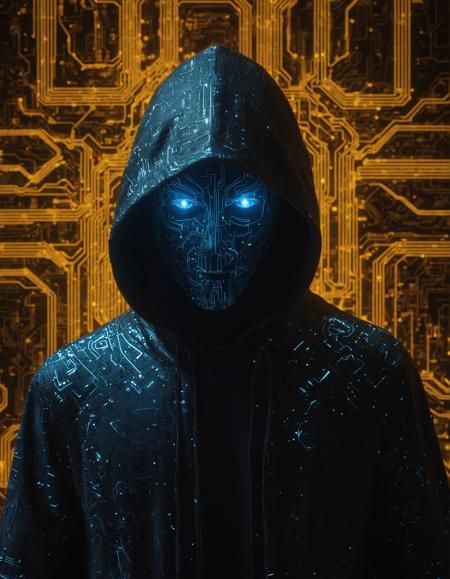 "Generate a shadowy figure shrouded in a high-tech, futuristic hood, standing against a backdrop of a cybernetic labyrinth of glowing circuitry and dark metallic walls. The figure’s face is partially obscured, revealing only sharp, angular features with a faint, ethereal glow. The hood and cloak are textured with detailed metallic patterns, interwoven with glowing amber and blue lines that pulse like energy conduits. The surrounding environment is a maze of intricate wires, panels, and glowing holograms, casting an ominous, neon-lit atmosphere."
