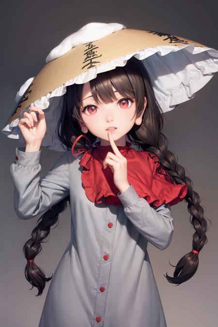 masterpiece, best quality,  <lora:NarumiYatadera:1>,1girl,hat,ajirogasa,long hair,black hair,red eyes,twin braids,long earlobes,  red capelet,grey dress,long sleeves, buttons, clothes writing,grey background,