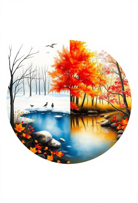 This artwork features a circular composition beautifully divided into two halves, representing the transition between two seasons. On the left side, a serene winter landscape is depicted, with bare trees, a frozen pond with birds, and a pale blue, icy atmosphere under the soft sunlight. The right side transitions to a vibrant autumn scene, showcasing fiery red and orange trees reflected in a calm stream surrounded by warm, golden hues of fallen leaves and rocks. The harmonious blending of colors and textures in a watercolor style creates a sense of balance and natural beauty.