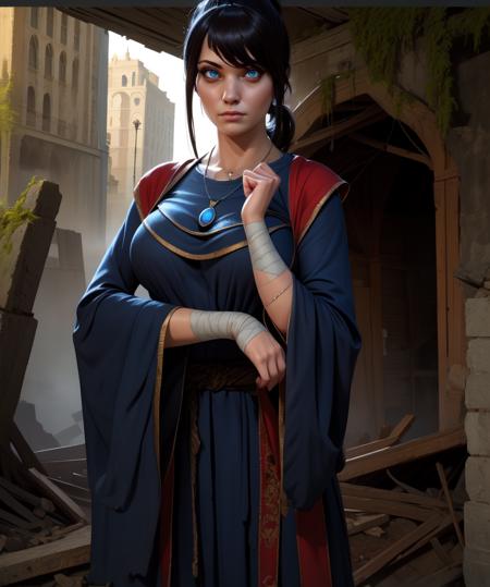 Sellen,bangs,black ponytail,thinking,
necklace,blue robe,long sleeves,bandages,wide sleeves,
standing,
underground bunker,cobwebs,potions,ruins,
(insanely detailed, beautiful detailed face, masterpiece, detailed eyes, best quality),
<lora:Sellen-10EDRv8:0.8>,