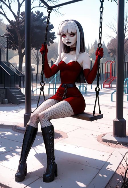 score_9, score_8_up, score_7_up, (best quality:1.1), detailed skin, beautiful, smooth edges, outdoors, playground, sunshine, park, swings, 1 girl, zzCrimson, goth, blunt bangs, long hair, red eyes, makeup, fishnets, knee boots, red dress, elbow gloves, stiff nipples, sitting on swing