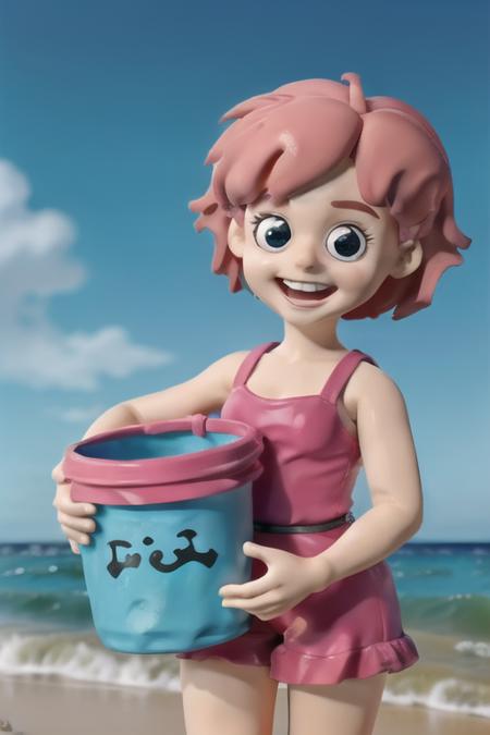 1girl, claymation, , 80's anime style, by the ocean shore  in the waves, water splashing, smiling <lora:TFM_DollJam:0.4> DollJam, holding a bucket