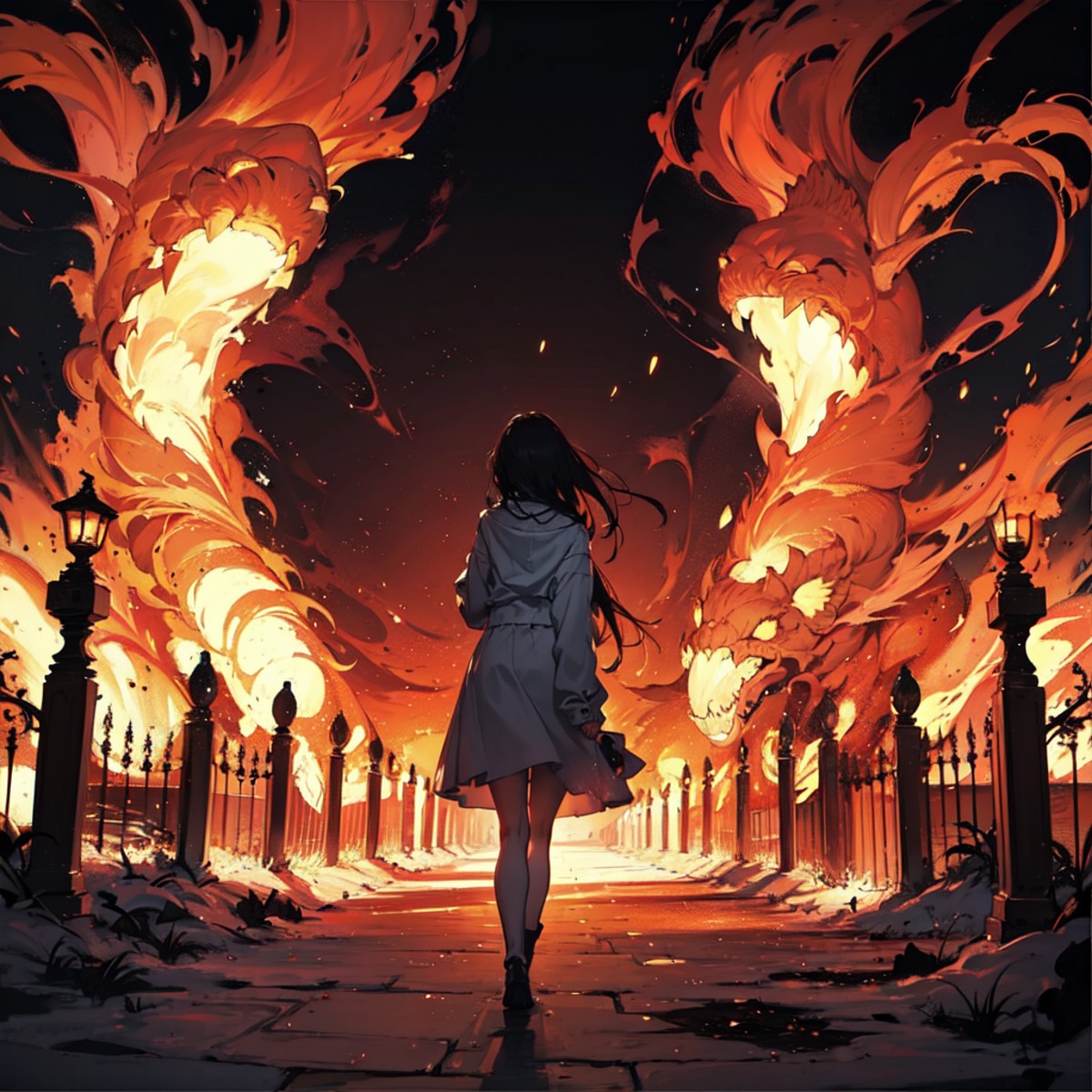 anime, a demonic girl walks through the night fire park