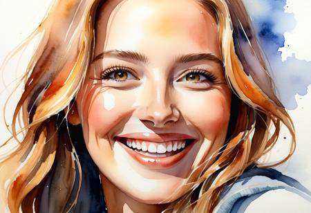 watercolor painting, closeup of a face of a happy woman having the ultimate climatic experience; happy relief
