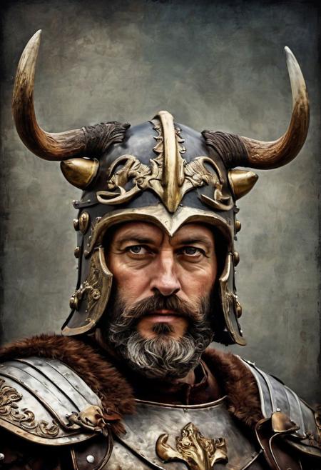 Empire Roman Centurion, beard, helm with deer antlers, bull horns and iron mask, brown leather grunge armour, digital painting style, dynamic shadow, dramatic lights, grotesque, macabre, extremely beautiful, neutral grey background, by Joel Peter Witkin