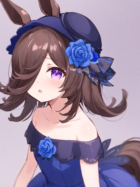 <lora:ç±³æµ´:1>,1girl,rice_shower_\(umamusume\),solo,animal_ears,blue_flower,blue_rose,horse_ears,purple_eyes,hair_over_one_eye,off-shoulder_dress,hat,rose,hat_flower,tilted_headwear,brown_hair,horse_girl,bangs,blue_dress,black_hair,