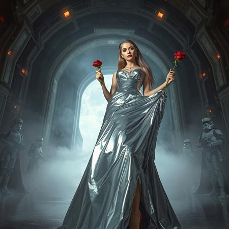 slender arrogant cold femme fatal russian princess wearing  rich  full skirt glossy silver foil  gown, small size opulent glossy red  high heels, jewels, holding red rose in her right hanfd, lifting her skirts with left hand, posing standing, view from below,  evil grin, green eyes, lipstick, giant portal to outer space, fog from the floor, empire spaceship hangar, surrounded by halo odst troopers, TIE spaceships at the background, fashion look, hollywood, vogue makeup, porcelain skin, long haired, ultrathin waisym reminiscent of Lucas, Spielberg styles, with close-up glamour photography and dramatic lighting view from below,