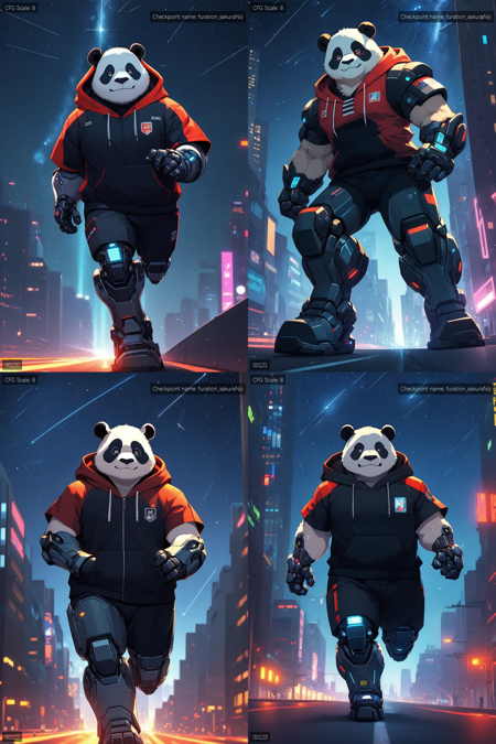 (a cyborg anthropomorphic giant panda male furry is running in the street:1.1), (He has very fluffy fur on cheek and animal head:1.1), (mechanical arms and hands, mechanical legs and boots, gloves:1.1), (He wears a short sleeves red hoodie with both proud and serious on his face:1.1), (His eyes are black and shine and looking afar:1.1), 
BREAK cityscape, backlighting, night, moonlight, starry sky, shooting star, constellation, masterpiece, best quality, realistic, illustration, cyberpunk, science fiction, medium shot, dutch angle, <lora:align_sd_lora:0.5>