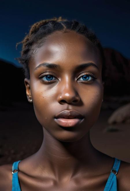 Intense film photograph taken in a pristine and surreal desert at night. Dark and lit in extreme contrast. Closeup of the bust of A stunningly beautiful young African woman staring into the distance. Deeply radiant blue eyes, wide nose, plush lips that appear soft and moist. Her delicate jawline, thin neck, collarbone, small perky upturned breasts with puffy erect nipples. Piercings in her nose,eyebrow,ears,lips. She looks achingly aroused, passionate and in love, desperate for her lover's touch and aroused to the edge of orgasm, lips parted, breathing hard.