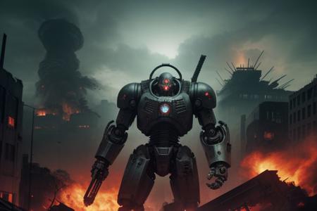 (raw photo, morbid horror:1.2), (a giant battle cyborg:1.1), angry, fullmetal, robotic, mechanical parts, (burning city background:1.2), slate atmosphere, cinematic, dimmed colors, dark shot, muted colors, film grainy, lut, spooky