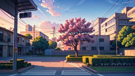 photography, animecity university building, cable, pedestrian, tree, flower, at dawn, pastel color, <lora:ARWAnimeCity:1>