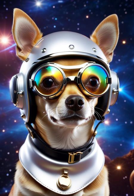 made of l1qu1dp34rl, metal, pearlescent, *pick a color, extreme closeup chihuahua face, wear round goggles, wear animal ears helmet, space background, cinematic, cinematic lighting, (masterpiece, best quality:1.4), ultra-high res, 4k, insanely detailed, sfw,